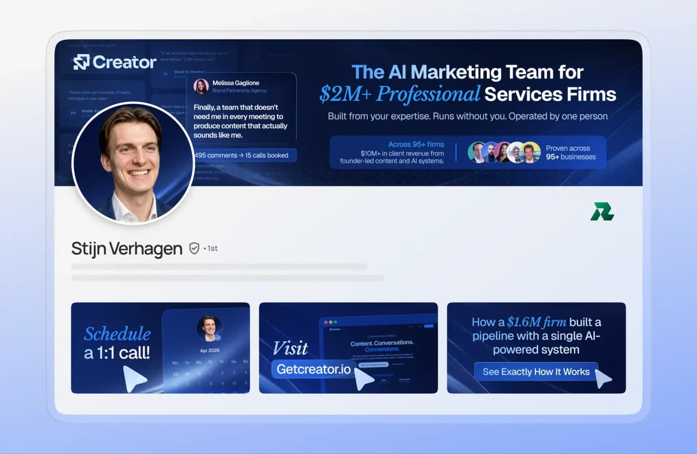 Client work for Stijn Verhagen: a coordinated LinkedIn banner, profile image and three Featured covers for his AI marketing business.